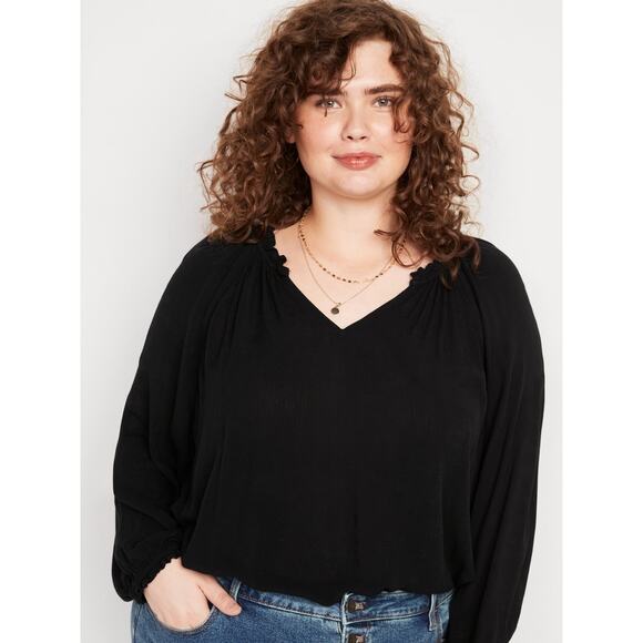 Old Navy Black Ruffled Crinkle-Textured Poet Long Sleeve Blouse Women's Size 4X - Picture 1 of 7